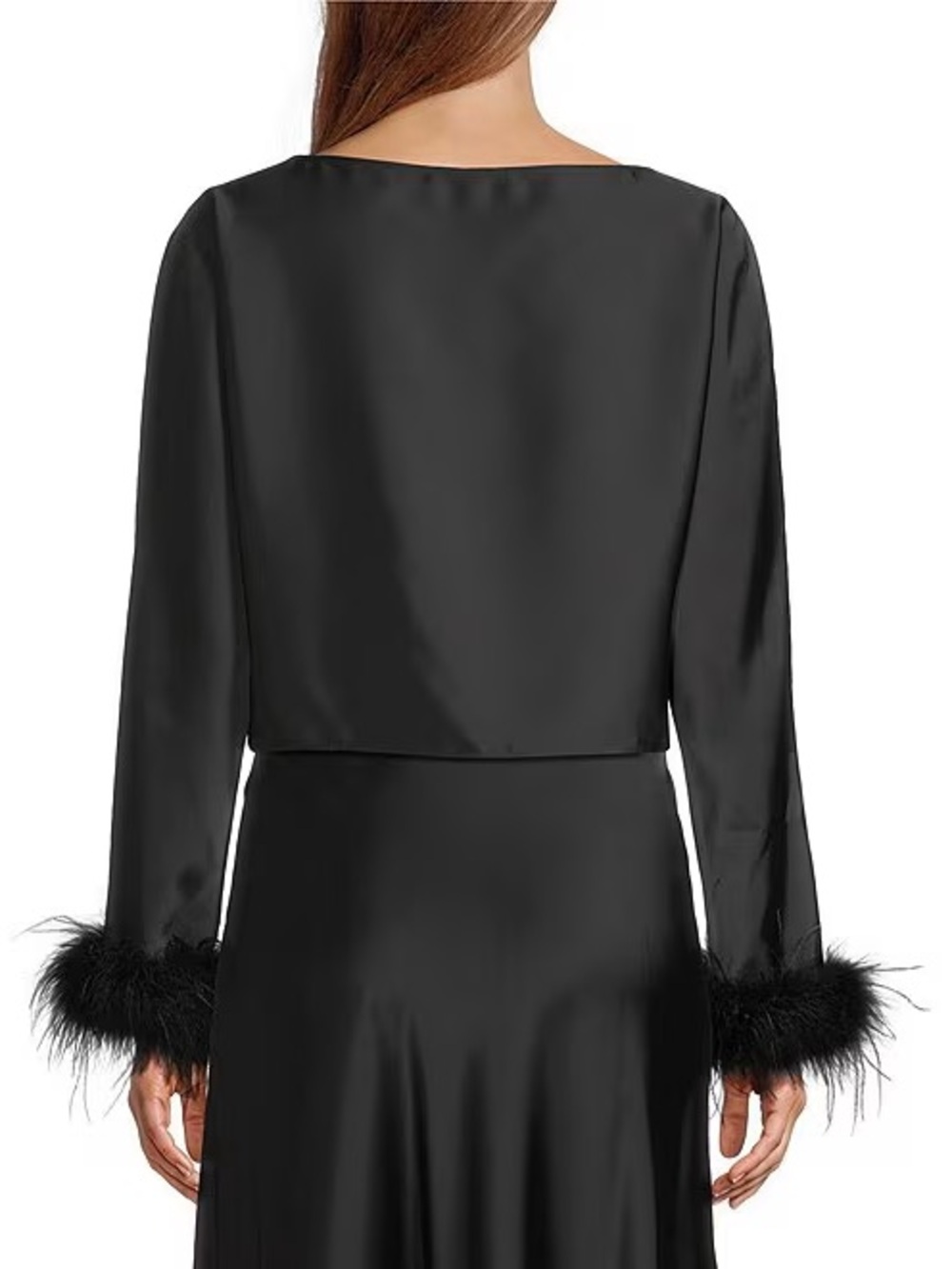 ANTONIO MELANI Black Satin Cropped Sleep Top with Feather Cuffs - Picture 2 of 4